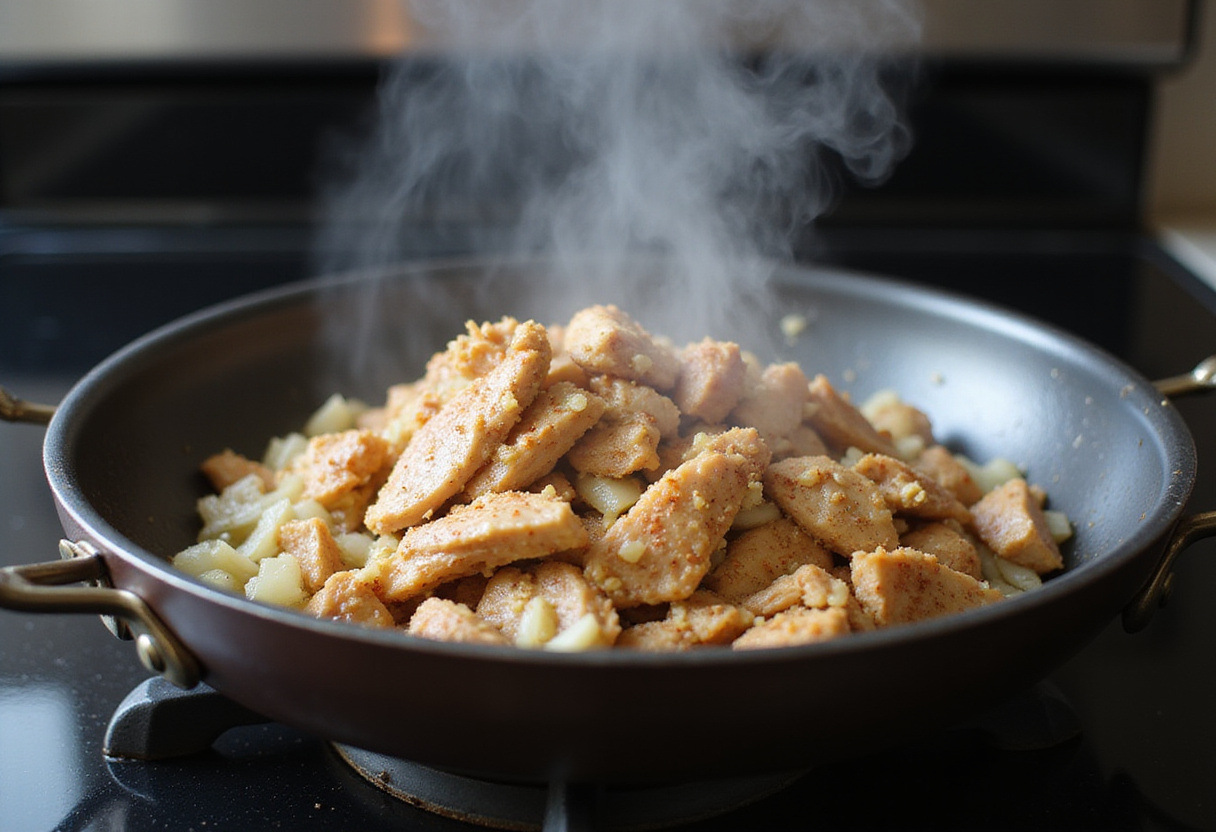 Pollo desmenuzado cocinándose en sartén para la Fiesta de Comida 'Juego de Gemelas'.