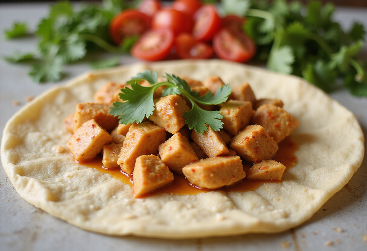 Tortilla siendo rellena con mezcla de pollo para Fiesta de Comida 'Juego de Gemelas'.