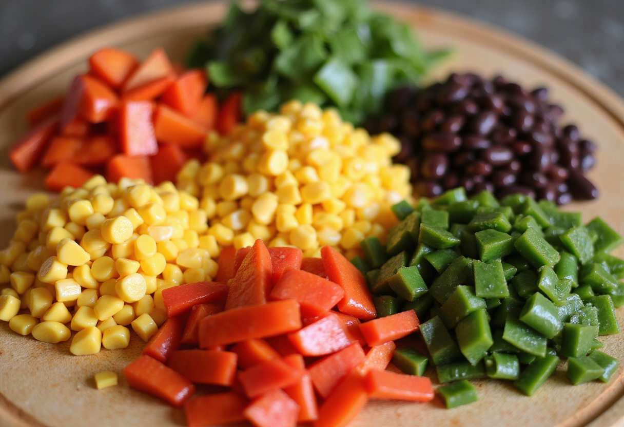 Ingredientes frescos para la Fiesta de Comida de Trap de Padres, incluyendo pimientos morrones, maíz y frijoles negros.