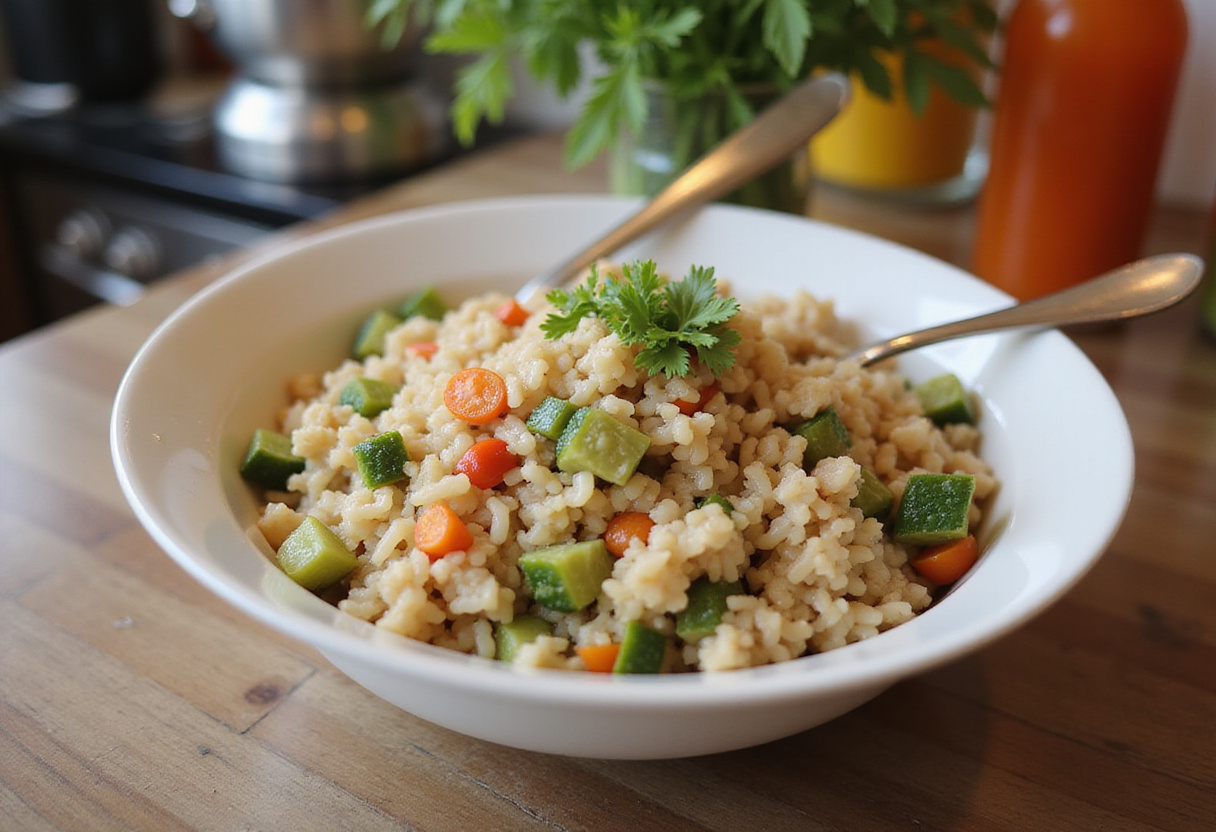 Mezclando arroz cocido con ingredientes frescos para la receta de Fiesta de Comida de Trap de Padres.