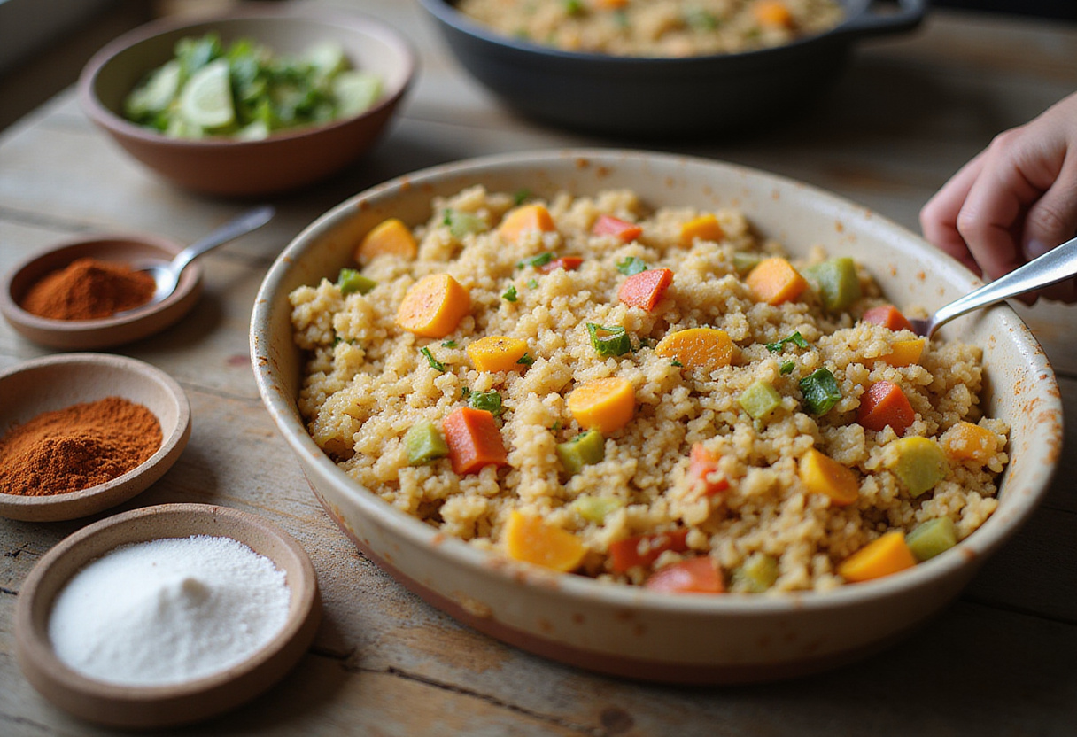 Llenando una fuente para hornear la Fiesta de Comida de Trap de Padres con capas de arroz e ingredientes frescos.