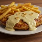 Filete de Pollo con Salsa Cremosa Picante y Papas Fritas, un plato delicioso de comida casera.