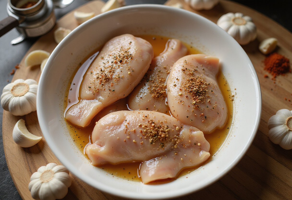 Marinando filetes de pollo en tazón para receta de Filete de Pollo con Salsa Cremosa.