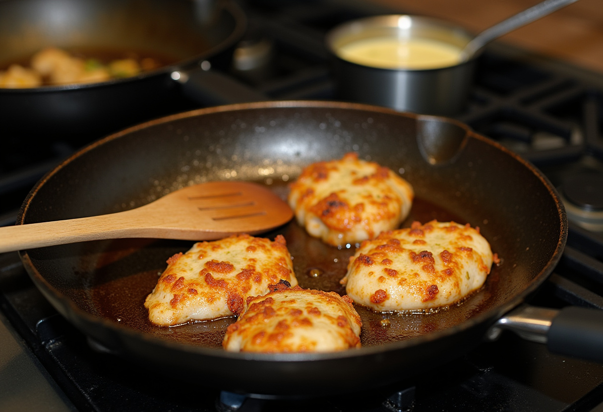 Filetes de pollo cocinándose en sartén para preparar Salsa Cremosa Picante de Ajo.