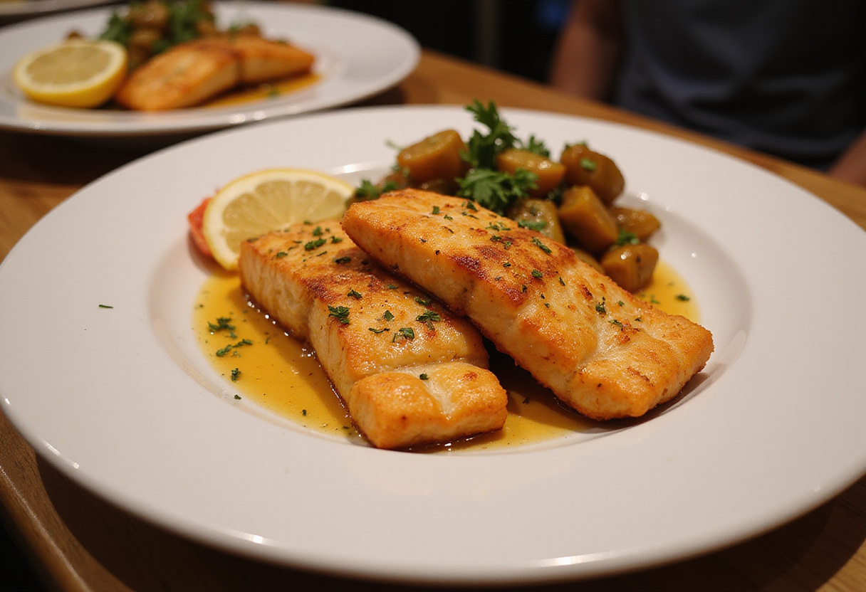 Filetes de salmón en freidora de aire perfectamente cocidos y servidos con verduras asadas.