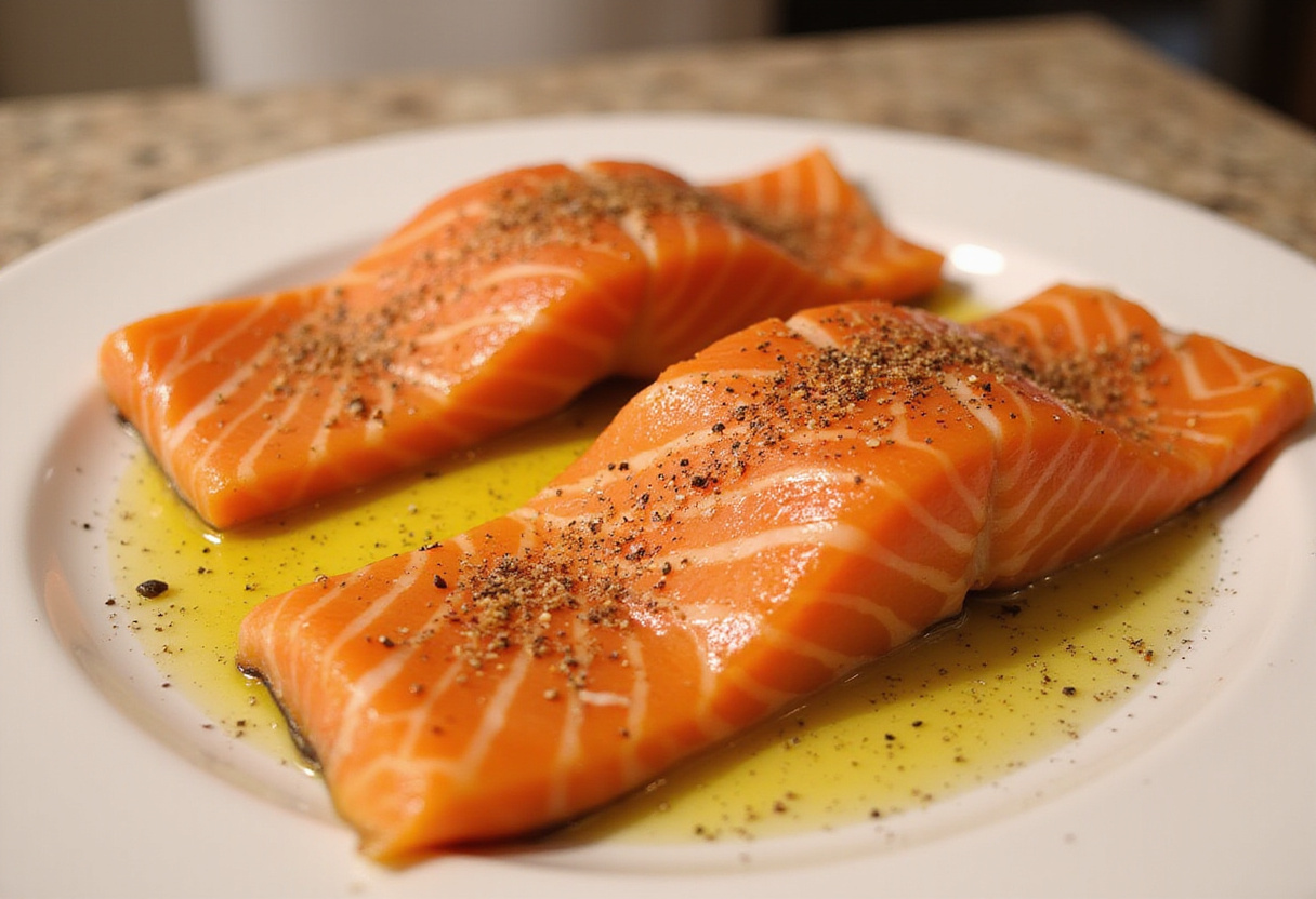 Filetes de salmón sazonados con aceite de oliva y especias listos para la freidora de aire.