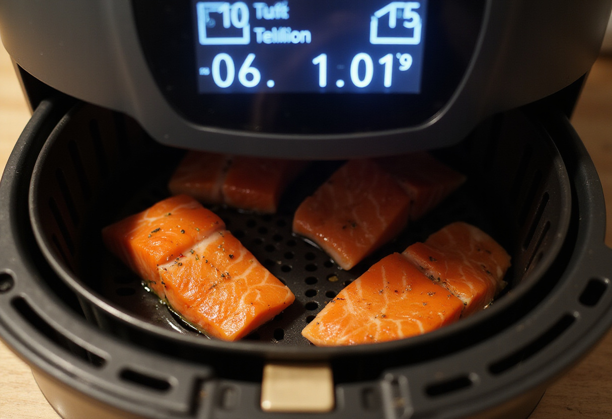 Configurando la freidora de aire para cocinar filetes de salmón en el tiempo adecuado.
