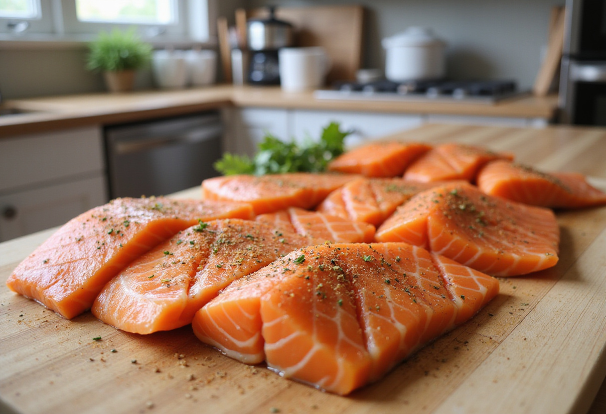 Filetes de salmón listos para ser cocinados en la freidora de aire, perfectos para recetas de salmón crujiente.