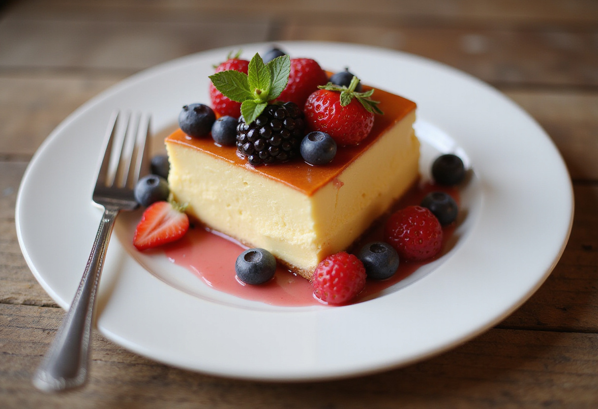 Porción de flan sin azúcar, perfecta para diabéticos y celíacos, lista para servir.