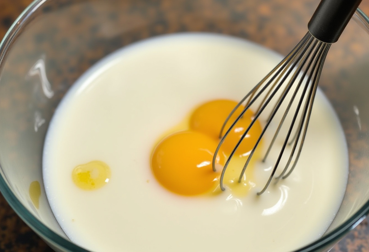 Mezcla de leche de almendras, huevos y extracto de vainilla para hacer flan sin azúcar.