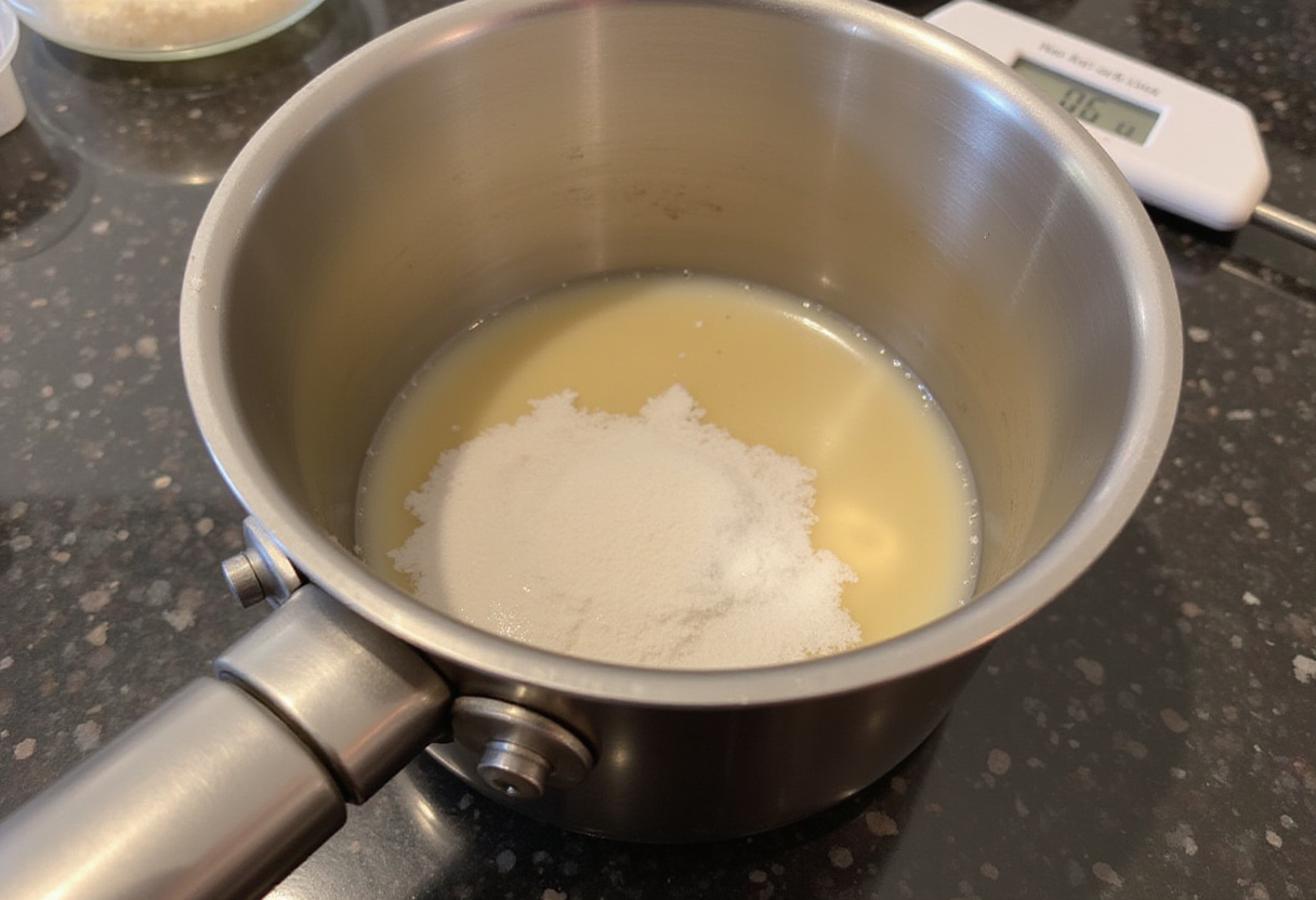 Endulzante sin azúcar calentándose para el flan para diabéticos.