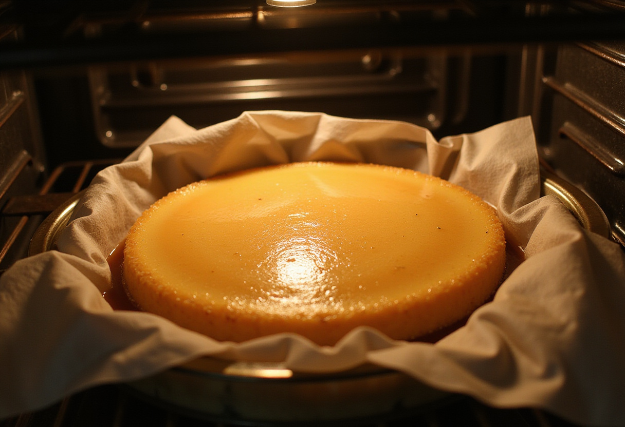 Mezcla de flan siendo horneada en baño maría para el flan sin azúcar.