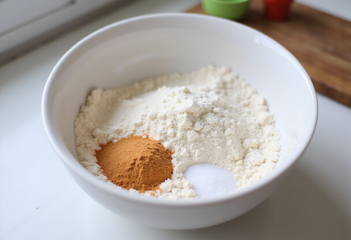 Ingredientes secos para galletas de almendras sin azúcar mezclados en un tazón.