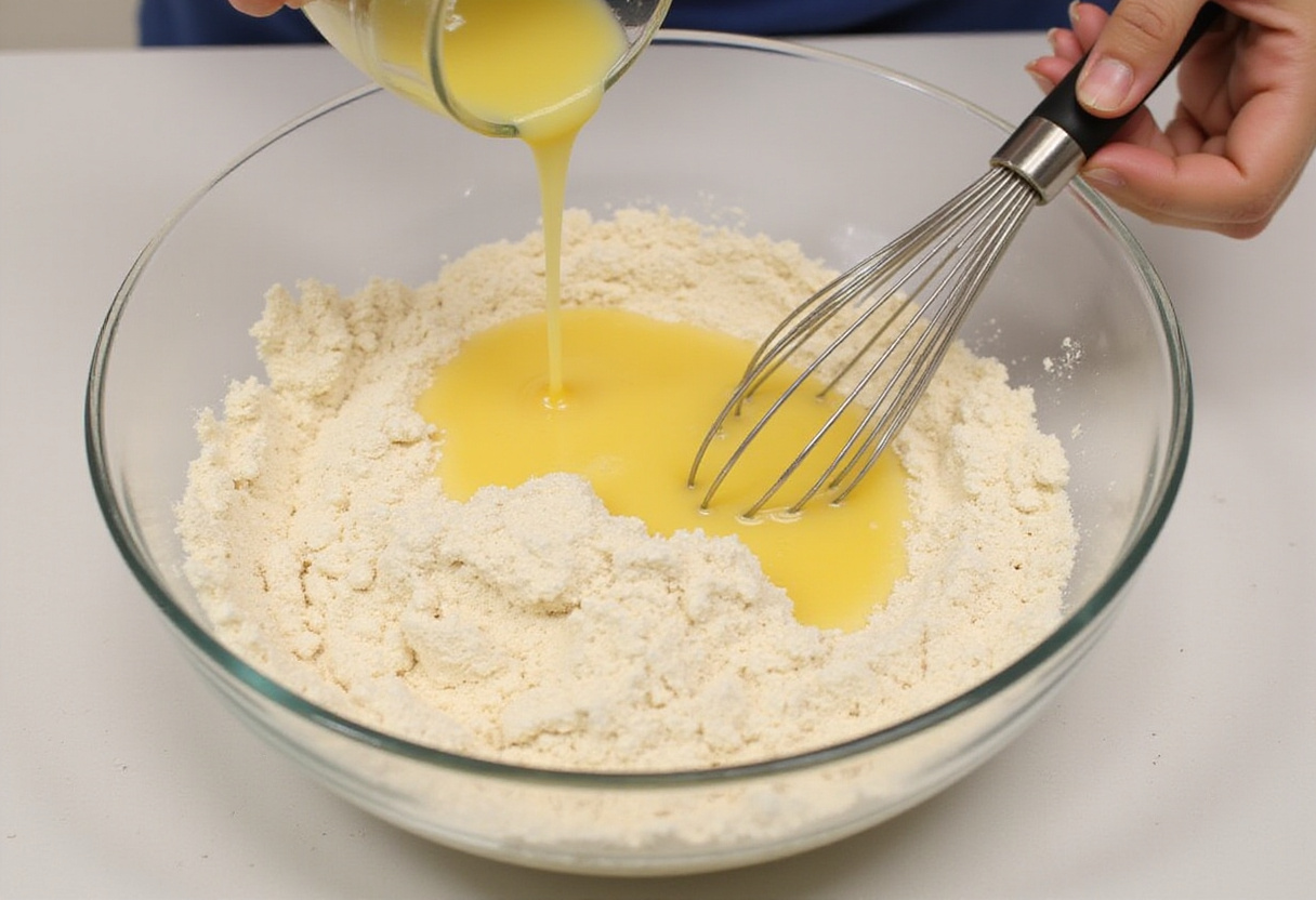 Aceite de coco derretido siendo añadido a la mezcla de galletas de almendras sin azúcar.