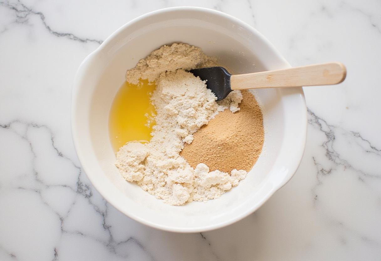 Mezclando ingredientes para galletas de almendras sin azúcar en un tazón.