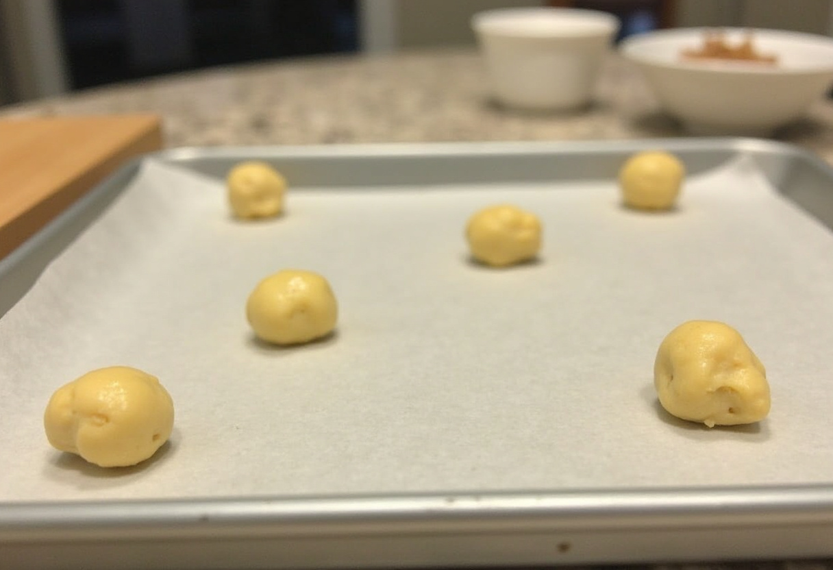 Bolitas de masa de galletas de almendras sin azúcar listas para hornear en una bandeja.