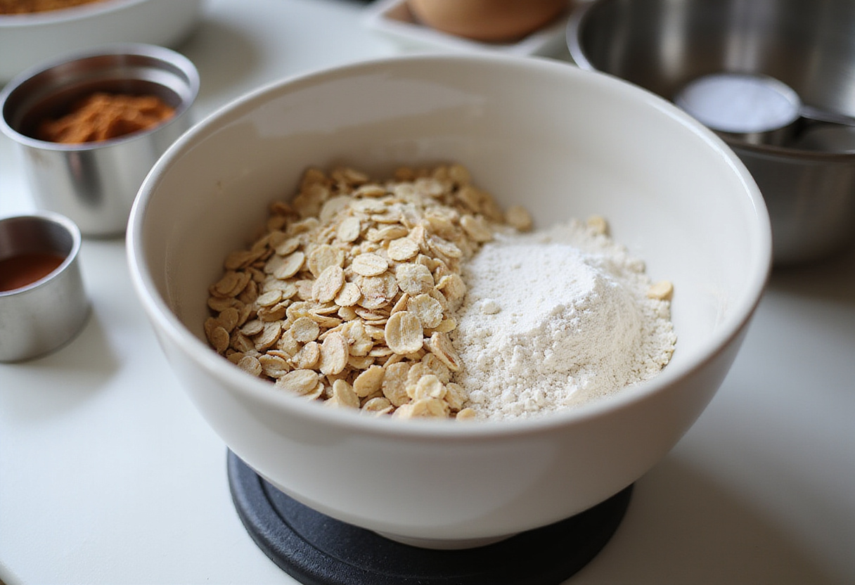 Ingredientes para galletas de avena con chispas de chocolate en un tazón de mezcla.