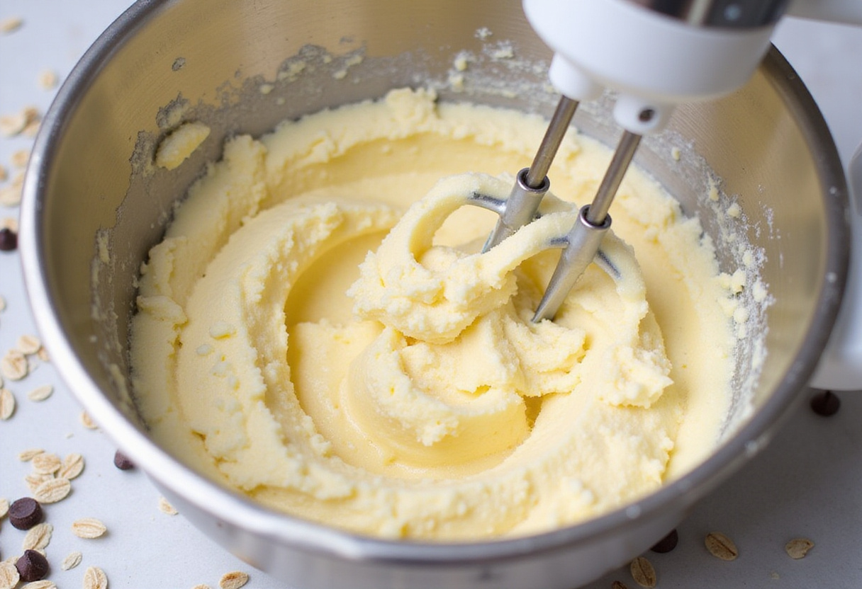 Mezcla de mantequilla sin lactosa y azúcar para galletas de avena con chispas de chocolate.