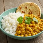 Delicious garbanzos al curry vegano served with rice and naan, showcasing the dish's vibrant colors.