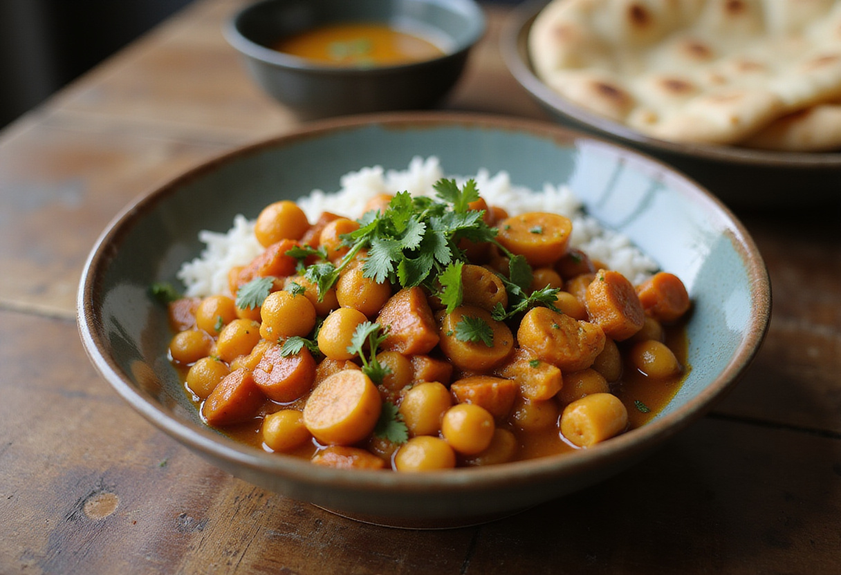 Deliciosos garbanzos al curry vegano servidos con arroz y naan, mostrando los vibrantes colores del plato.