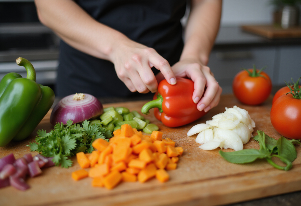Verduras frescas siendo picadas para la preparación de garbanzos al curry vegano.