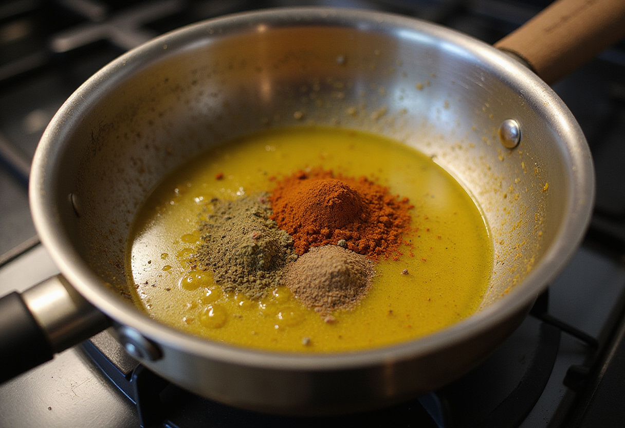 Especias siendo medidas para garbanzos al curry vegano en una cacerola caliente.