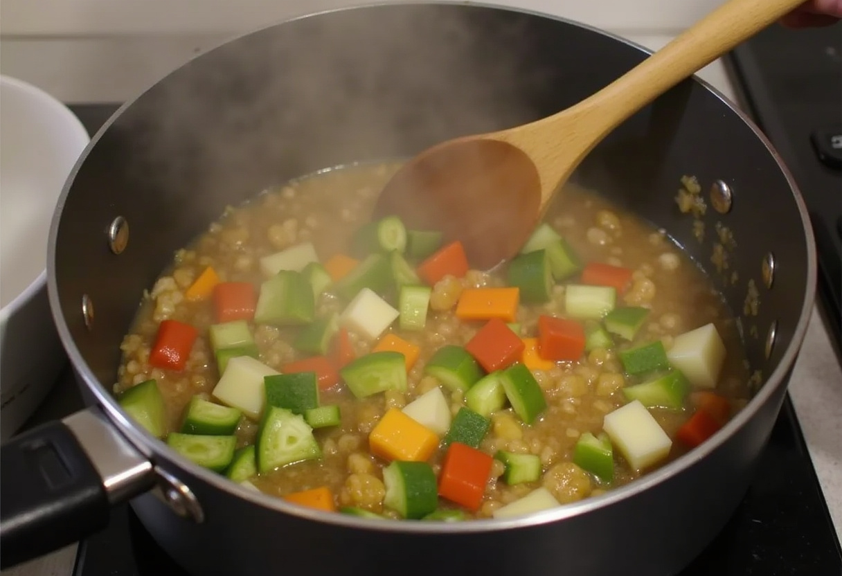 Verduras picadas siendo cocinadas en una cacerola para garbanzos al curry vegano.