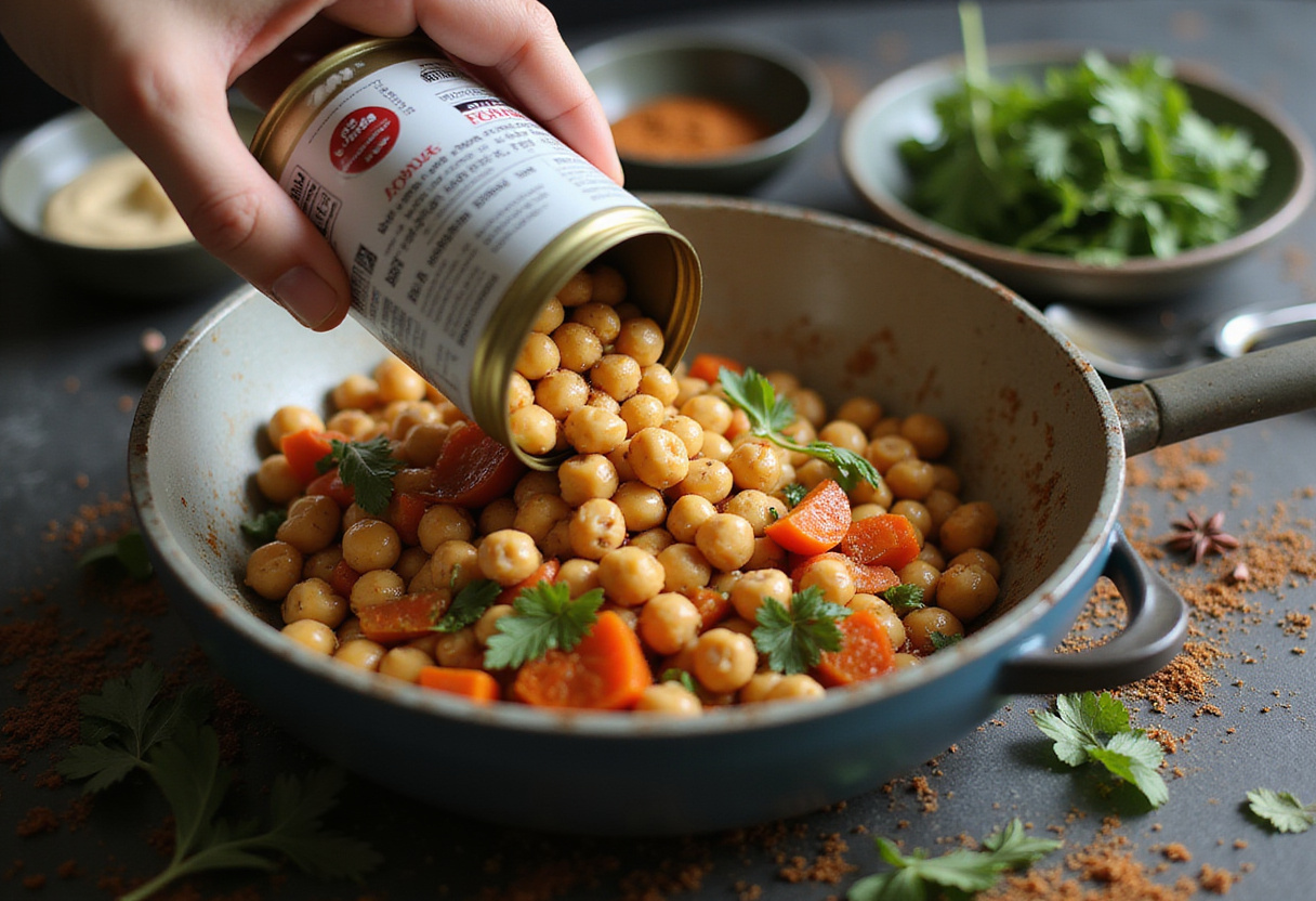 Garbanzos siendo añadidos a la mezcla de verduras para garbanzos al curry vegano.