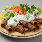 Plato de gyros de pollo mediterráneo con tzatziki de feta, ideal para disfrutar de comida mediterránea.
