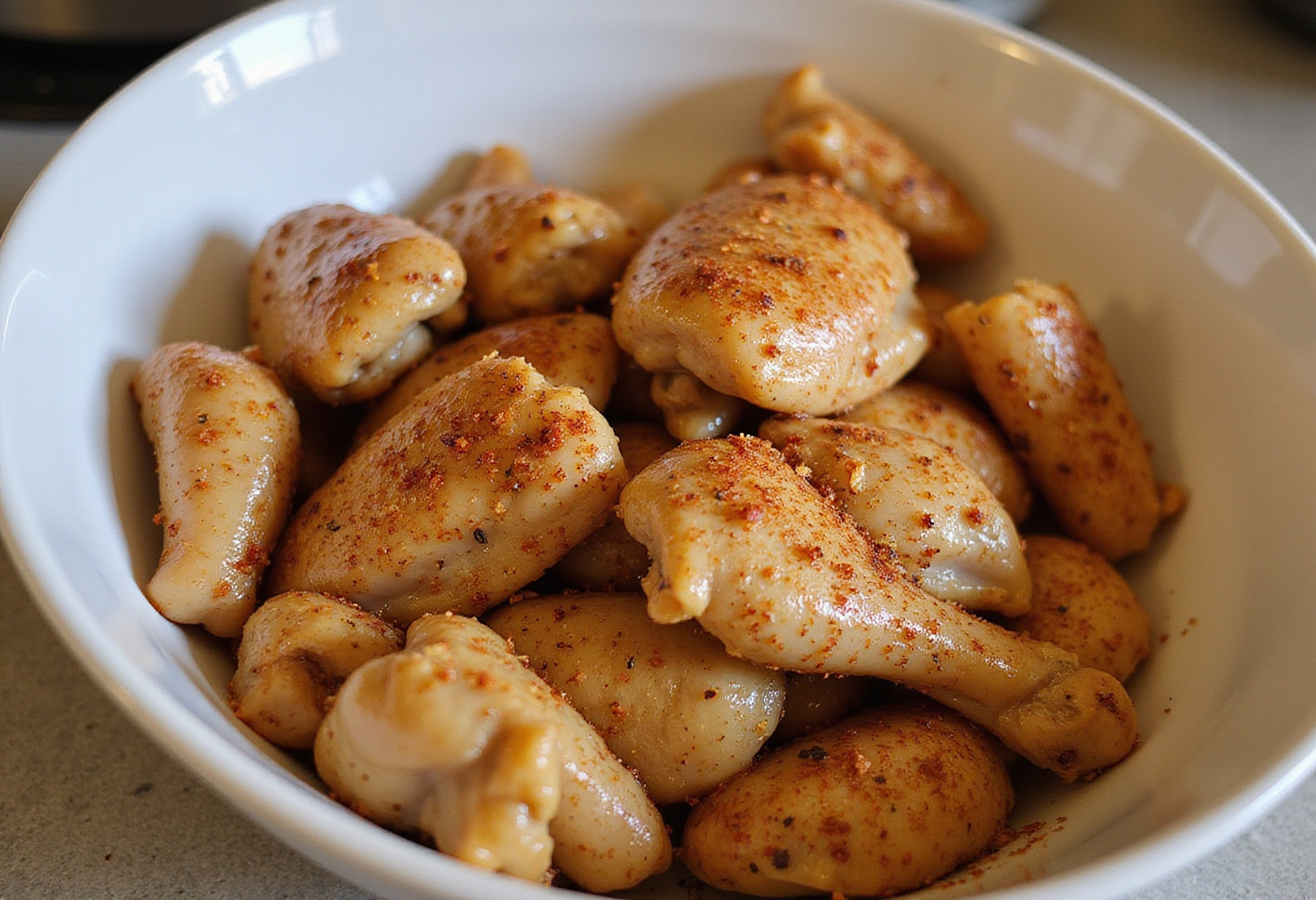 Pollo marinado para gyros de pollo en un tazón listo para cocinar.