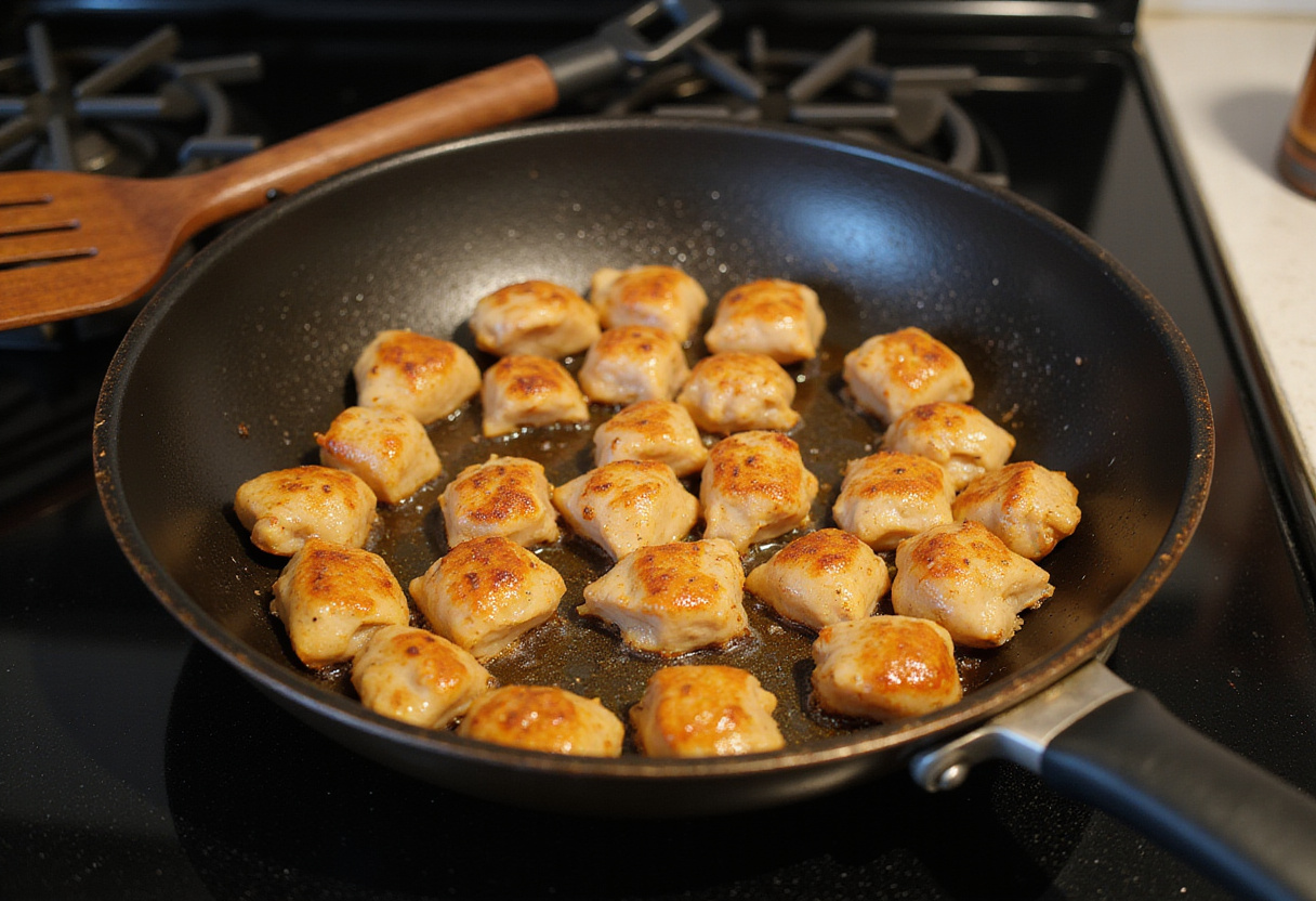 Cocinando gyros de pollo en una sartén para la receta de gyros griego.
