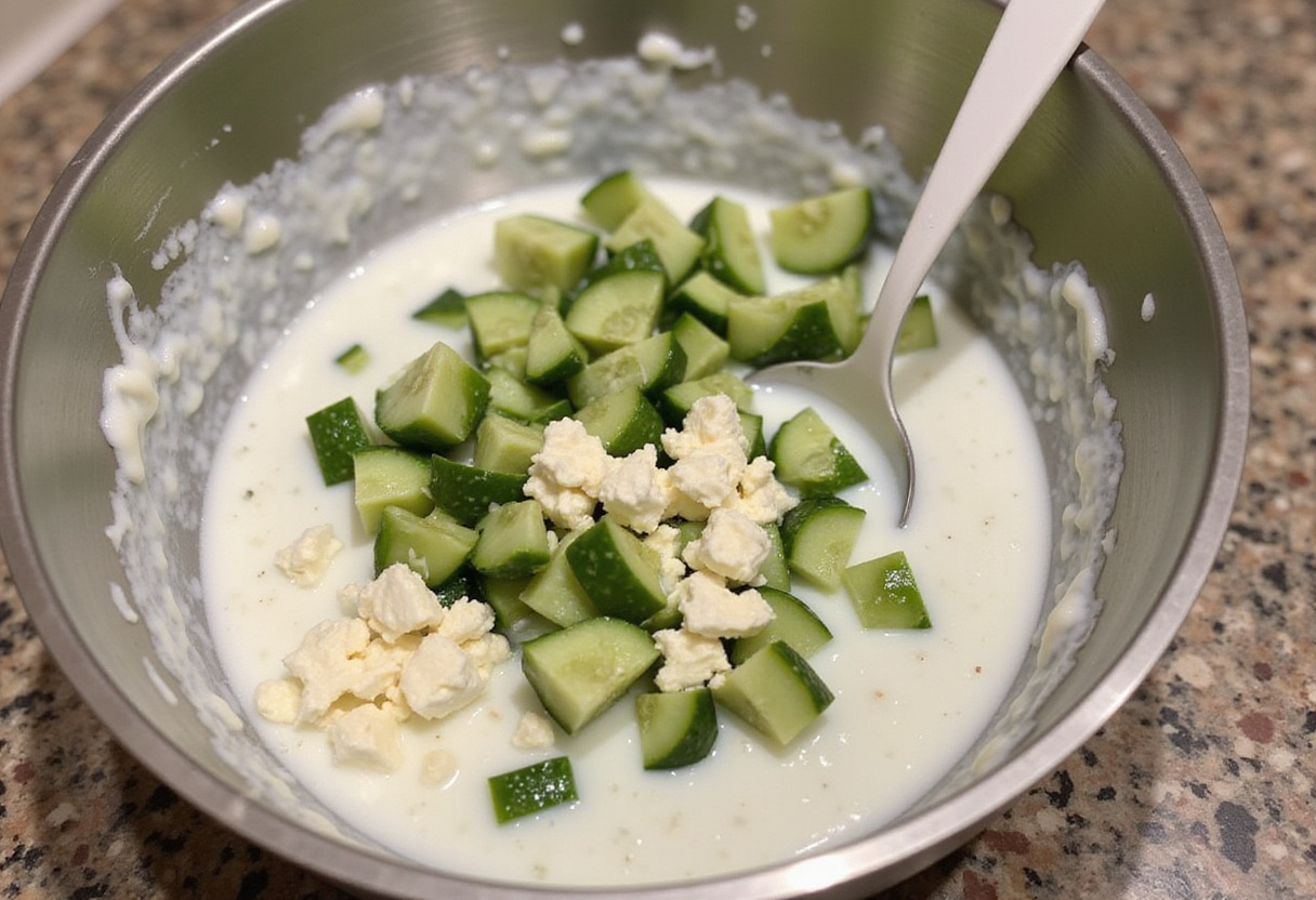 Preparando tzatziki de feta para acompañar gyros de pollo mediterráneo.