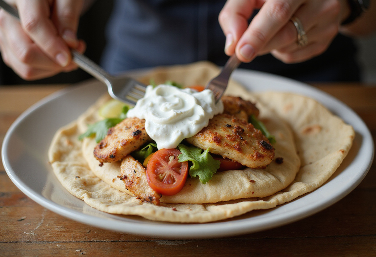 Armando gyros de pollo mediterráneo con pita, pollo y salsa tzatziki de feta.
