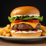 Hamburguesa de carne molida casera terminada, jugosa y sabrosa, lista para disfrutar con papas fritas.