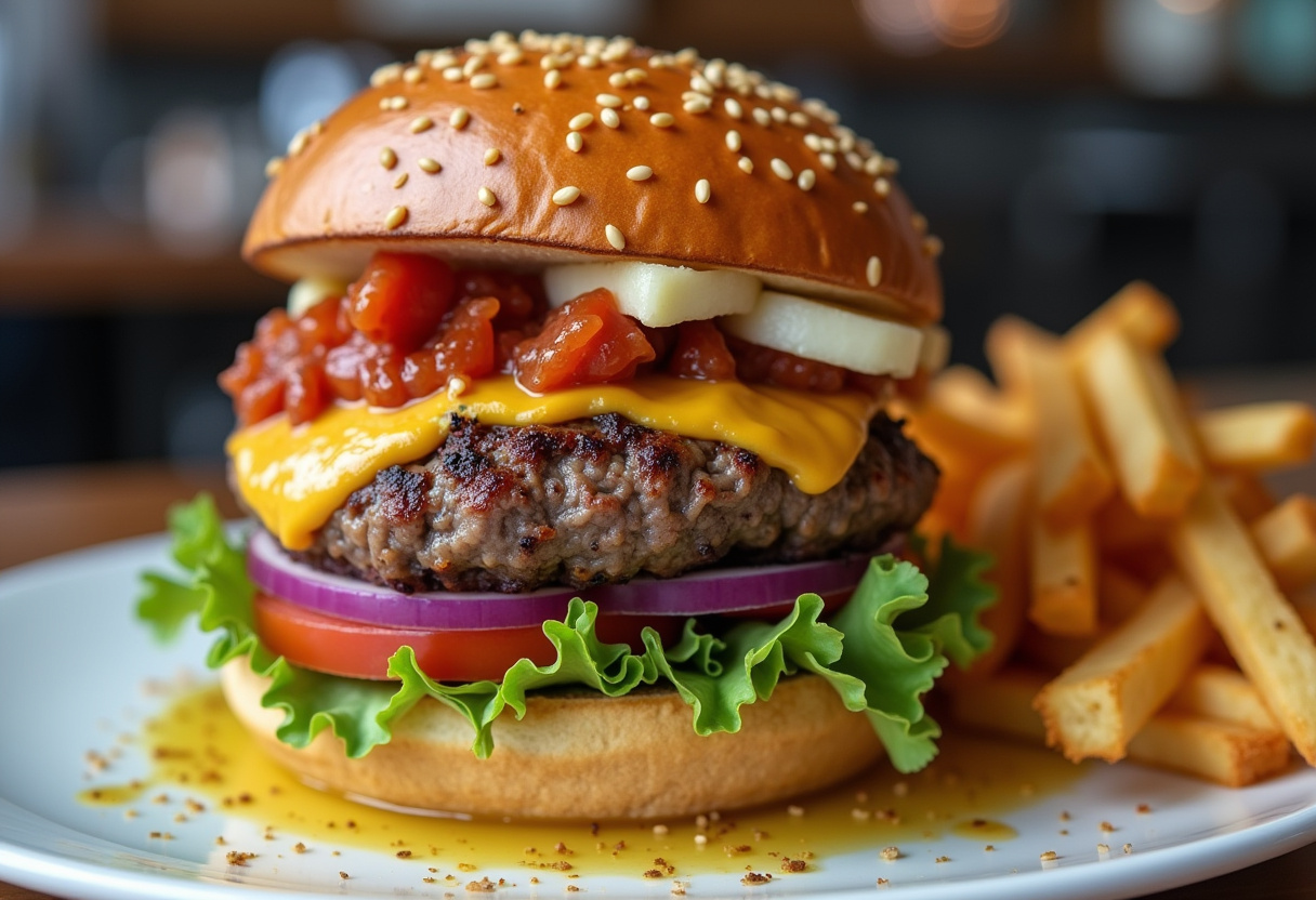 Hamburguesa de carne molida casera terminada, jugosa y sabrosa, lista para disfrutar con papas fritas.