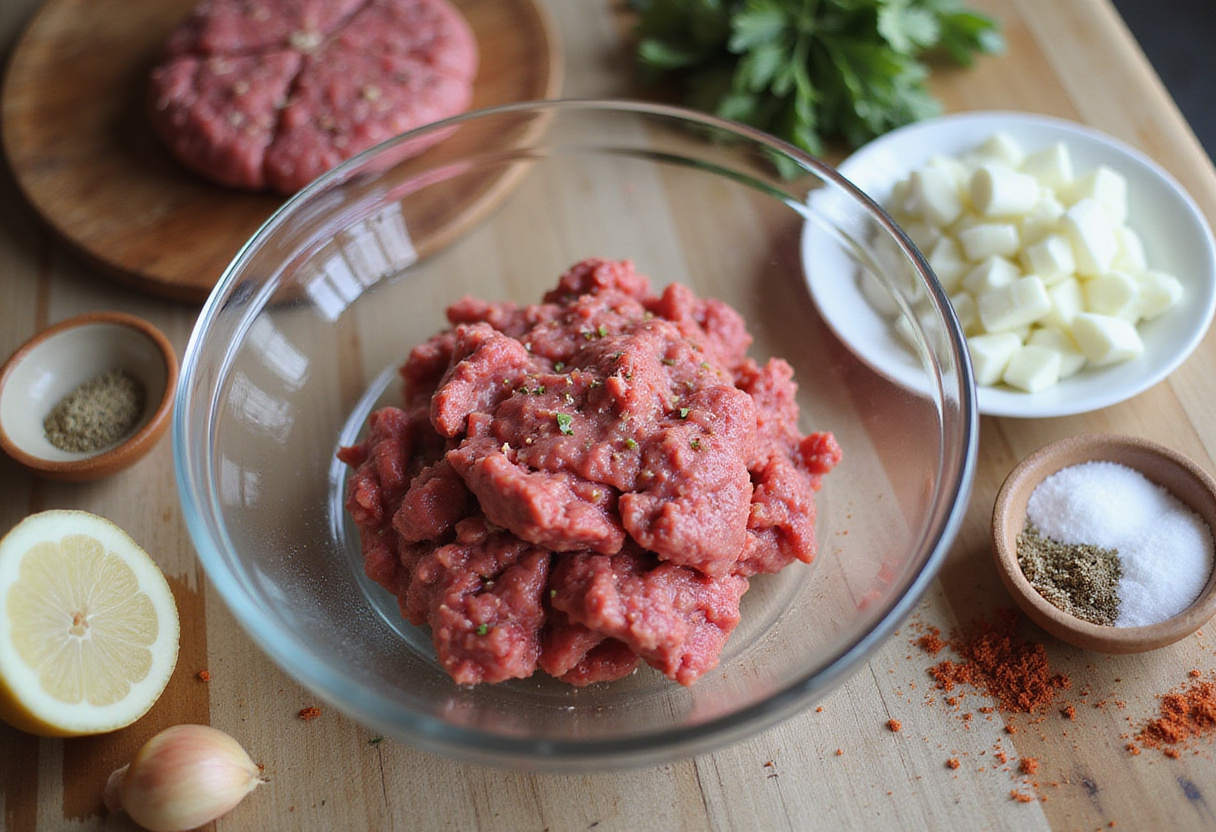Ingredientes preparados para hamburguesas caseras, carne molida y verduras frescas para una receta fácil.