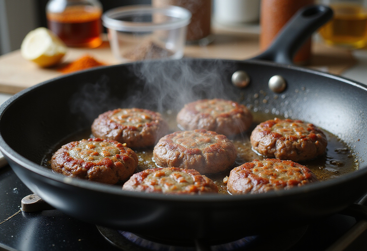 Hamburguesas sabrosas cocinándose en una sartén, el aroma de carne molida llenando la cocina.