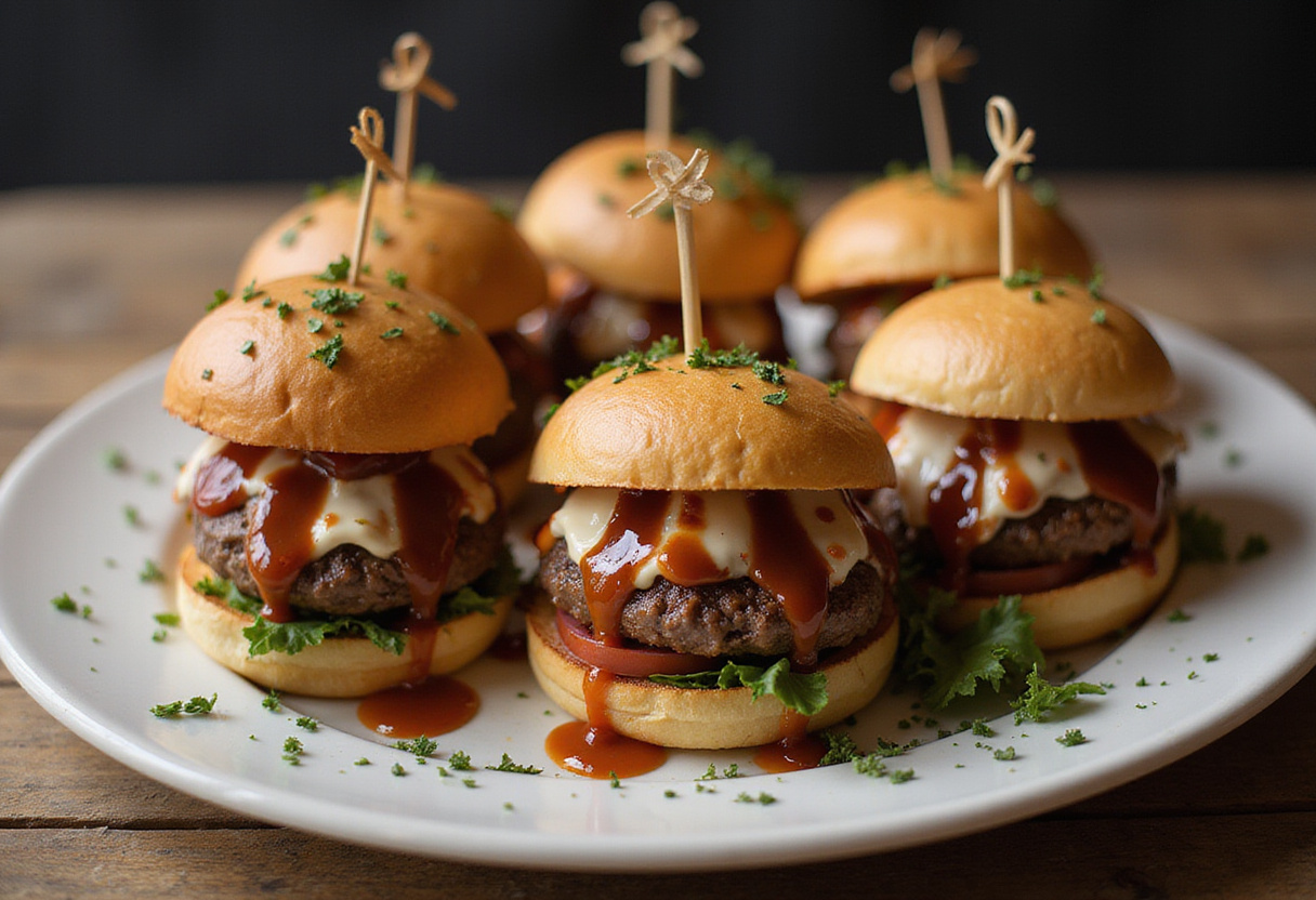 Plato de hamburguesas gourmet terminadas, perfectas para una nueva obsesión culinaria.