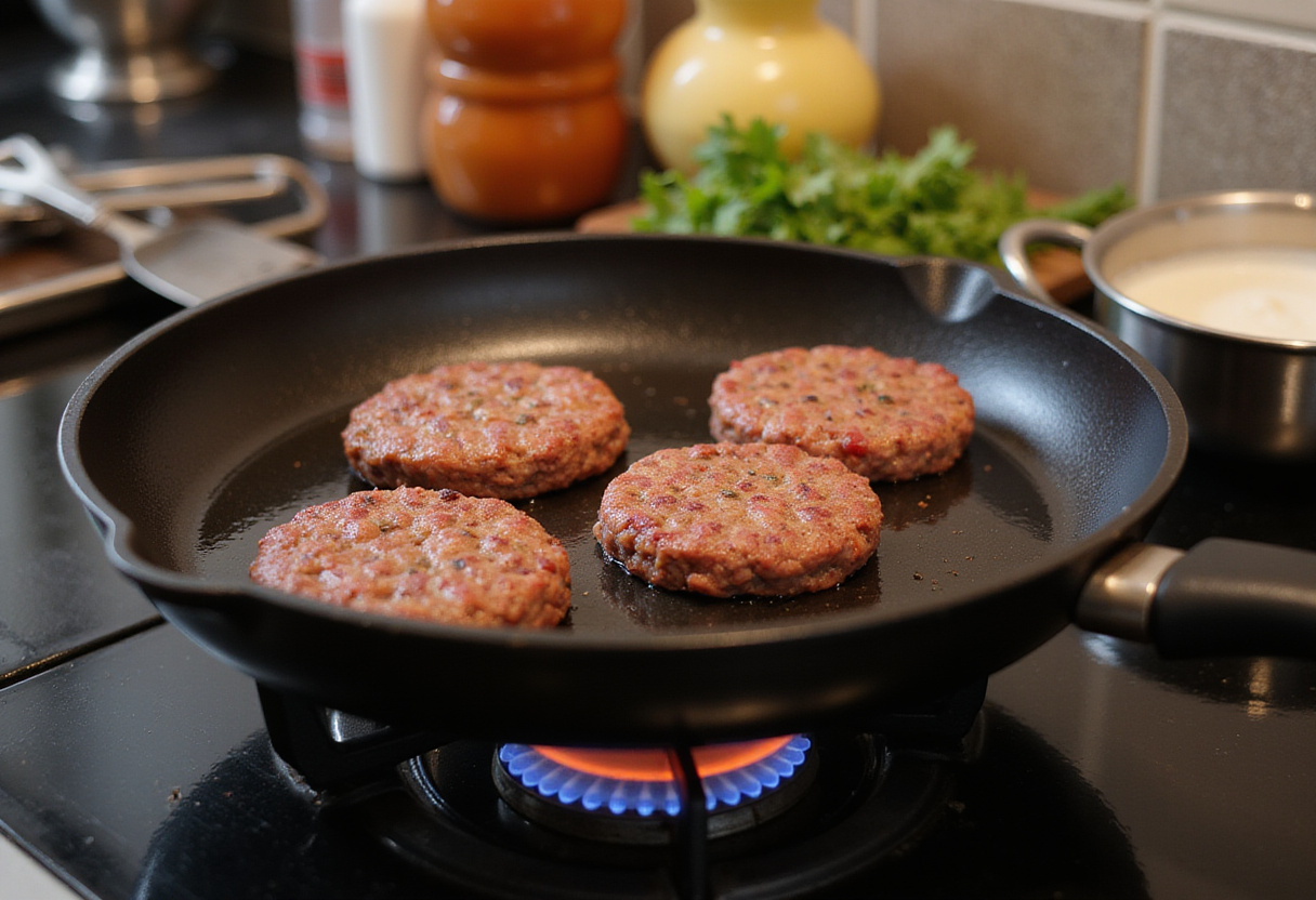 Cocinando hamburguesas gourmet en una sartén de parrilla para la receta de hamburguesas.