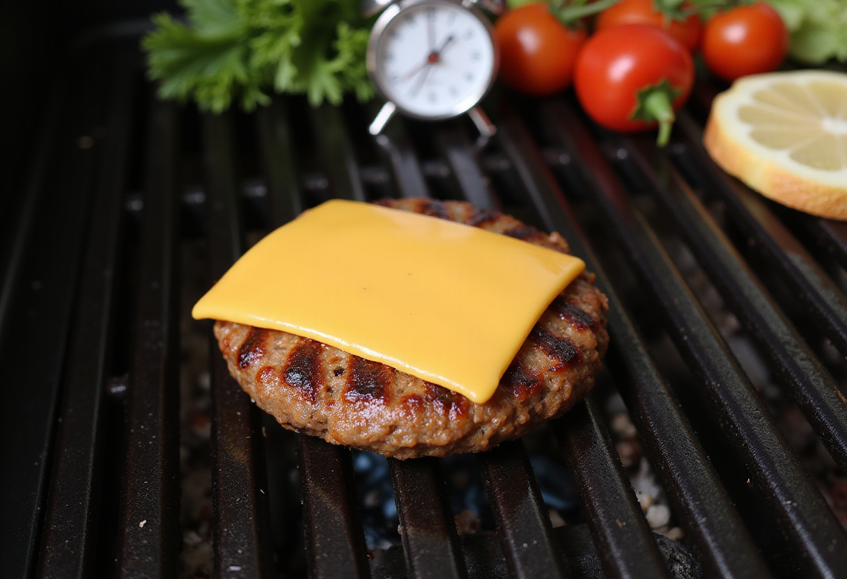 Agregando una rebanada de queso derretido sobre hamburguesas caseras en la cocina.