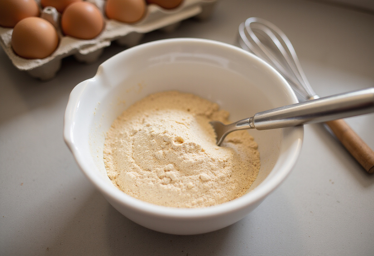 Bowl with protein pancake mix and eggs for making hotcakes altos en proteína.