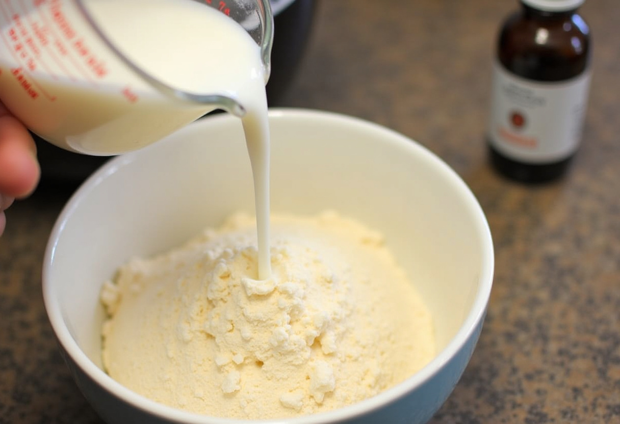 Adding milk to the protein pancake mixture for a healthy breakfast recipe.