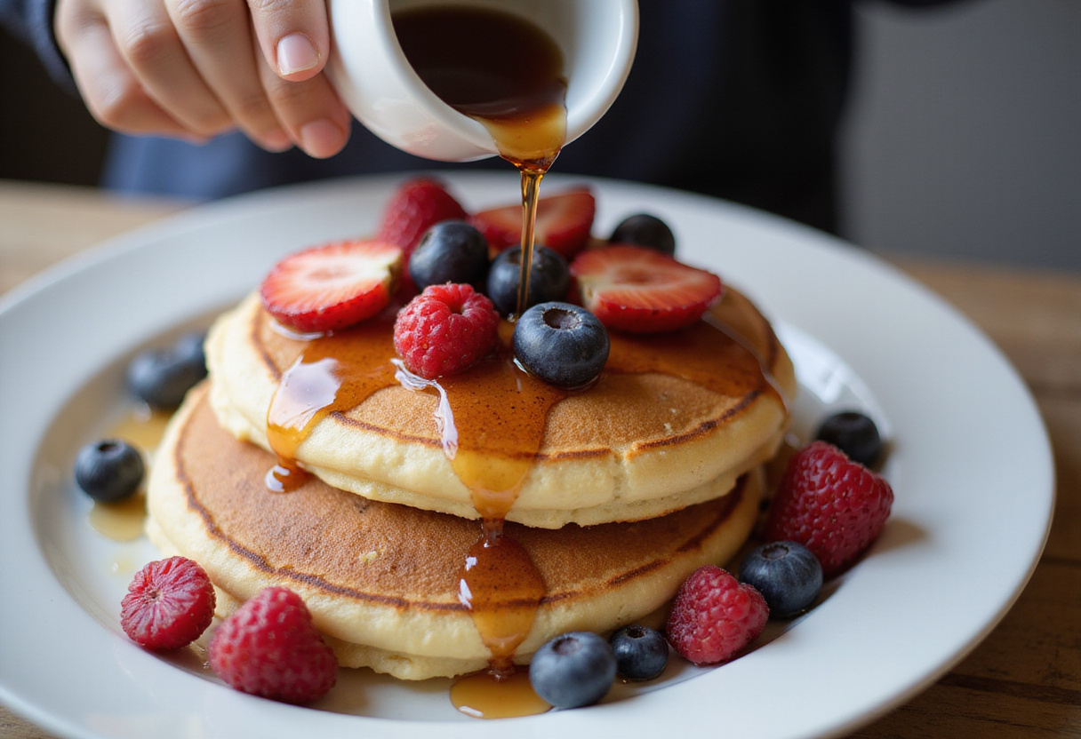 Plating high-protein hotcakes topped with berries and syrup for a satisfying meal.