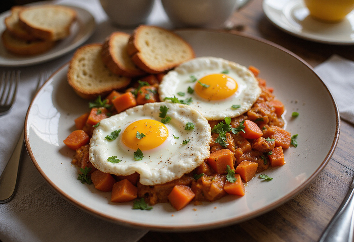 Huevos Estilo Turco con Yogur Griego servidos con pan, un desayuno exótico y delicioso.