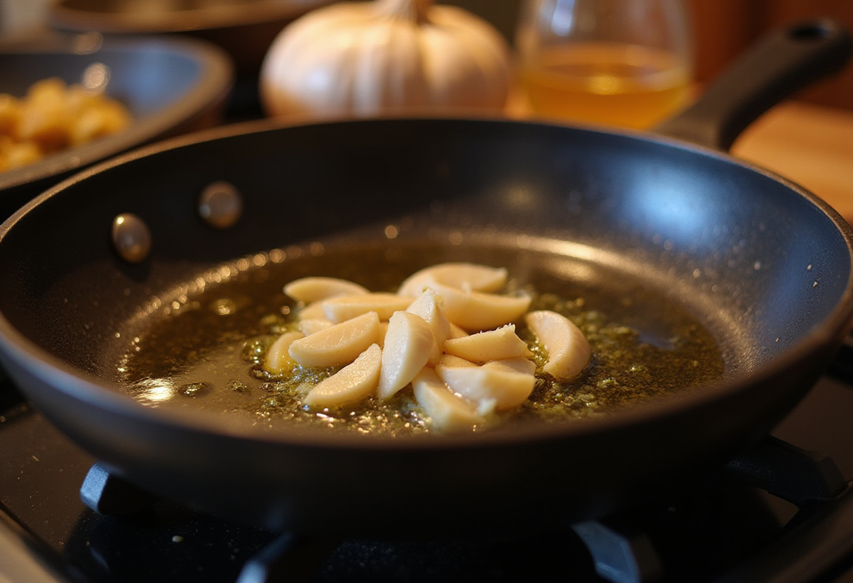 Calentar aceite de oliva y ajo en una sartén para Huevos Estilo Turco con Yogur Griego.