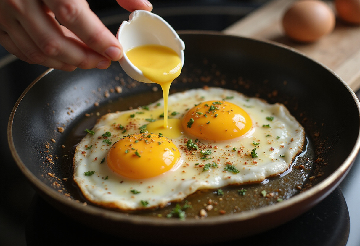 Huevos añadidos a la sartén para la receta de desayuno exótico con yogur griego.