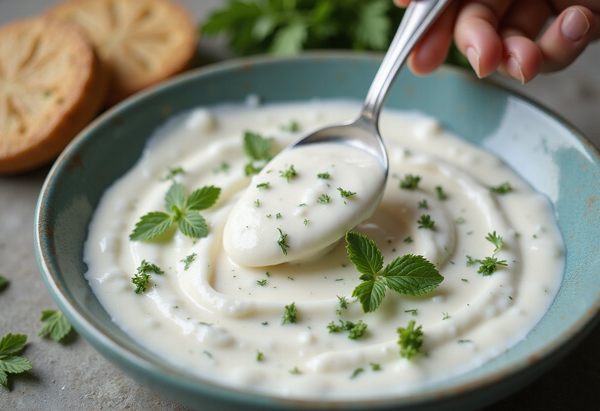 Preparación de yogur griego con hierbas para Huevos Estilo Turco.
