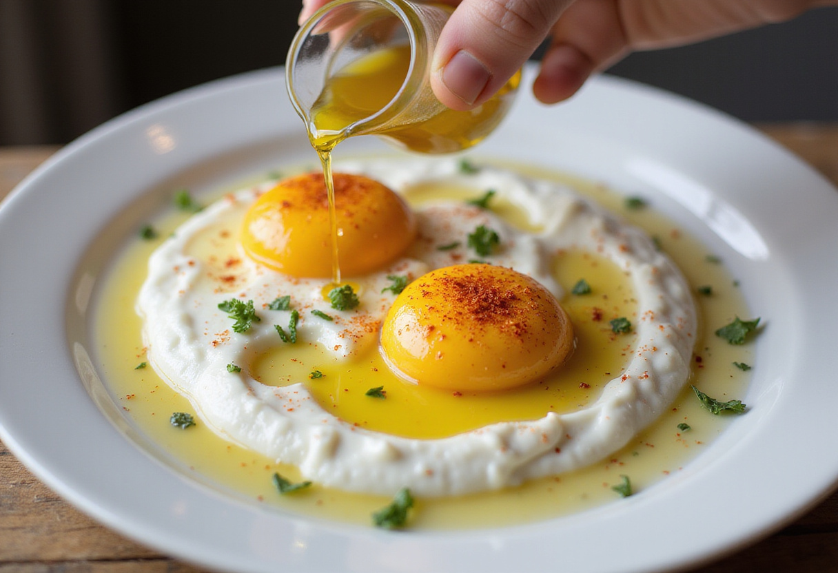 Huevos estilo turco servidos sobre yogur griego, listos para disfrutar en un desayuno cremoso.