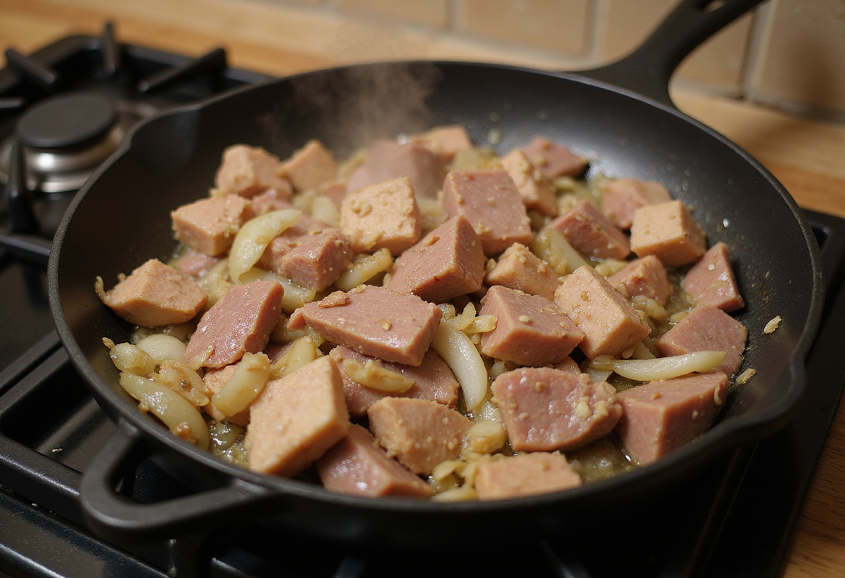Cocinando hígado de pollo picado con ajo y cebolla en una sartén para la receta de hígado de pollo.
