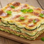 Lasaña de calabacín, champiñones y jamón terminada, perfecta para disfrutar en una comida saludable y deliciosa.